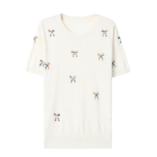 CC-101-356时尚刺绣圆领冰丝短袖t恤女2025新款夏季薄款针织衫显瘦短款上衣 商品图4