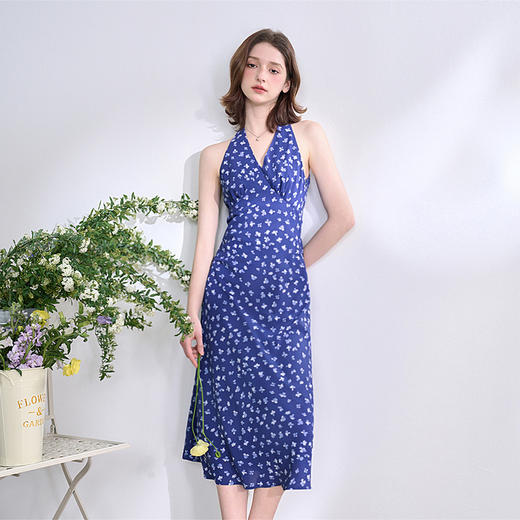 【限时秒杀】法式复古摩登小性感挂脖碎花裙女春夏V领收腰连衣裙V0950350 商品图0