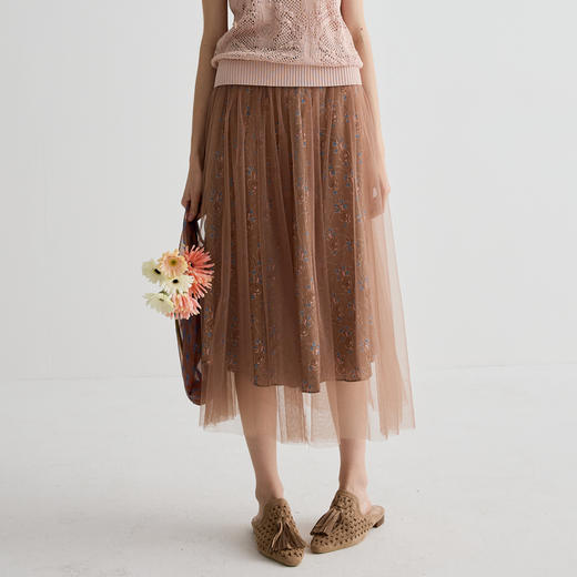 谜底半身裙女2025夏季新品度假网纱印花宽松A型中长半裙252MB0603 商品图0