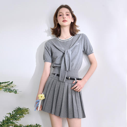 复古学院风针织套装女春夏绣花圆领T恤搭百褶裙搭披肩V0850321 商品图4