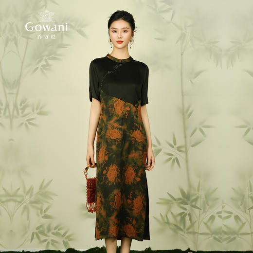 【黄色复古花】【香云纱】乔万尼新款夏重磅真丝桑蚕丝连衣裙拼接复古印花长裙ES2E123 商品图1