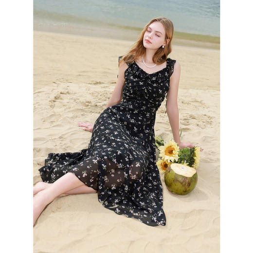 三彩2025夏季新款碎花连衣裙荷叶边吊带裙收腰A字裙长裙M 商品图1