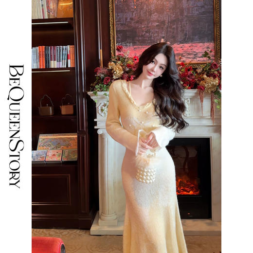 余潇潇【绿野仙情】羊驼毛羊毛两色提花渐变收腰鱼尾连衣裙过年穿搭 商品图4