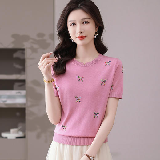 CC-101-356时尚刺绣圆领冰丝短袖t恤女2025新款夏季薄款针织衫显瘦短款上衣 商品图0
