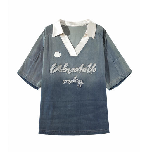 谜底POLO衫短袖女2025夏季新品复古风拼色刺绣宽松上衣252MS0649 商品图4