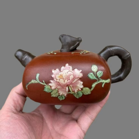 JS（任亿果）茶壶宜兴紫砂壶顾景舟纯手工壶四方粉彩牡丹花350ml