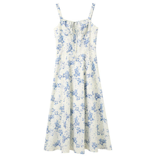 三彩2025夏季新款碎花连衣裙无袖收腰A字裙法式系带吊带裙S 商品图4