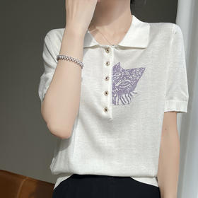 CC-SDY99028宽松POLO领薄款羊毛打底刺绣百搭夏季2025新款针织短袖T恤女