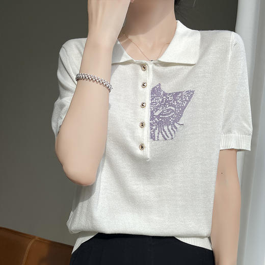 CC-SDY99028宽松POLO领薄款羊毛打底刺绣百搭夏季2025新款针织短袖T恤女 商品图0