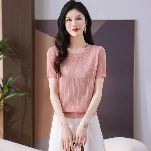 CC-101-359圆领冰丝短袖T恤女2025新款夏季修身显瘦针织衫薄款上衣 商品图2