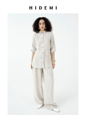HIDEMI 甄选天然百分水洗做旧感色织亚麻极简廓形衬衫阔腿裤套装
