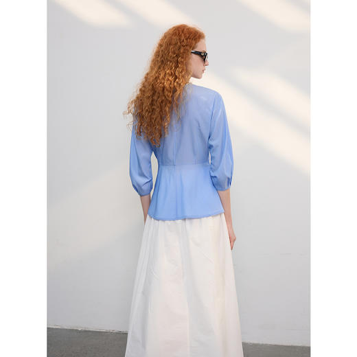 三彩2025夏季新款法式收腰V领衬衫醋酸莱赛尔条纹衬衣气质S 商品图3