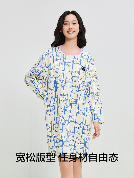 【100%棉 内置胸垫】【M-2XL】【有棵树】女士长袖纯棉卡通睡裙 商品图4