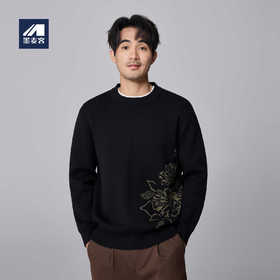 墨麦客男装新中式圆领针织衫男2024冬季新款牡丹刺绣套头男士毛衣