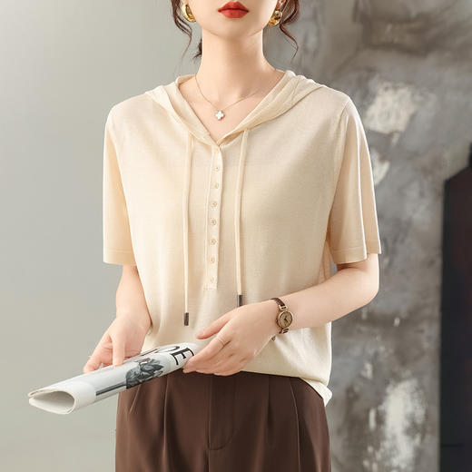 CC-MH-25125连帽短袖t恤女装2025夏季新款莱赛尔天丝针织衫薄款带帽宽松上衣 商品图1