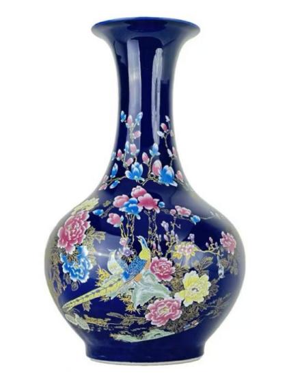 JS（任亿果）景德镇花瓶锦绣前程宝蓝赏瓶+底座 商品图0