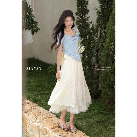 【65折秒杀】鹿向南「奶蓝泡芙」蓝色宽松T恤夏季新款设计感时尚荡领上衣女L53866 商品图4