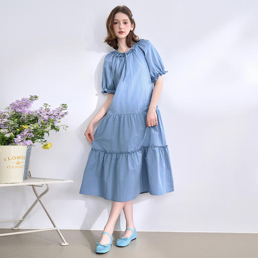 慵懒随性拼接木耳边泡泡短袖连衣裙女春夏A字宽松长裙V0850331 商品图1