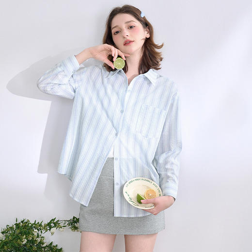 文艺感清爽撞色条纹长袖衬衫女2025春夏慵懒随性宽松衬衣V0850600 商品图3