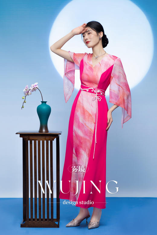 3205261 樱樱桃夭 重磅真丝银丝印花水晶纱/进口纹理蜂窝缎连衣裙 雾境 商品图5