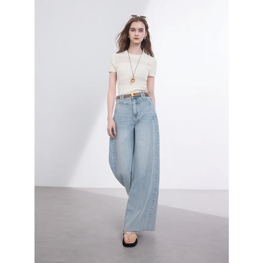 三彩独醒2025夏季新款纯棉牛仔裤宽松收腰直筒阔腿裤毛边长裤F 商品图3