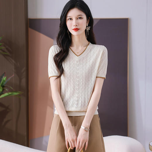 CC-101-355夏装女2025年新款V领年轻减龄天丝针织衫镂空打底衫上衣潮 商品图0