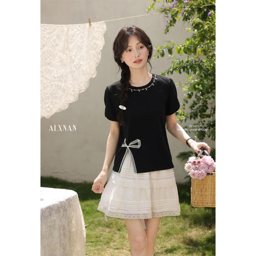 鹿向南「少女心」黑色短袖T恤女夏季2025新款圆领正肩设计感上衣 商品图4