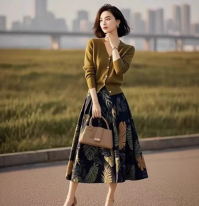 （预售15天）时尚开衫上衣，搭配印花半身裙两件套装LJX-057