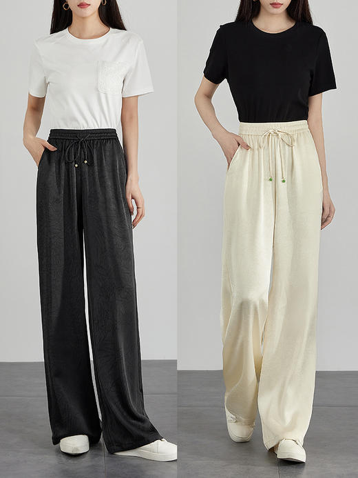 【专属特价】熙世界仿醋酸新中式暗纹阔腿裤夏季凉感高腰垂感宽松直筒长裤子 商品图3