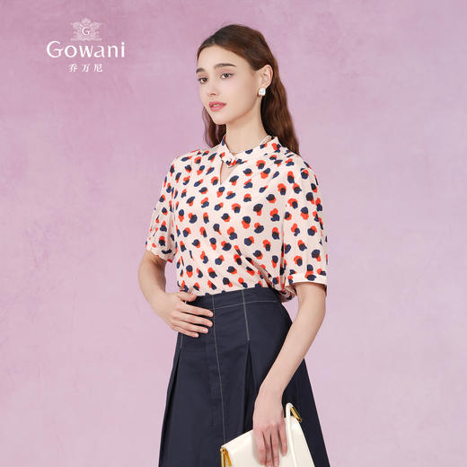 乔万尼夏季新款印花真丝衬衫短袖衬衣女宽松显瘦桑蚕丝上衣ES2C147 商品图3