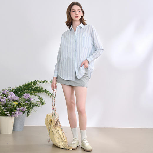 文艺感清爽撞色条纹长袖衬衫女2025春夏慵懒随性宽松衬衣V0850600 商品图1