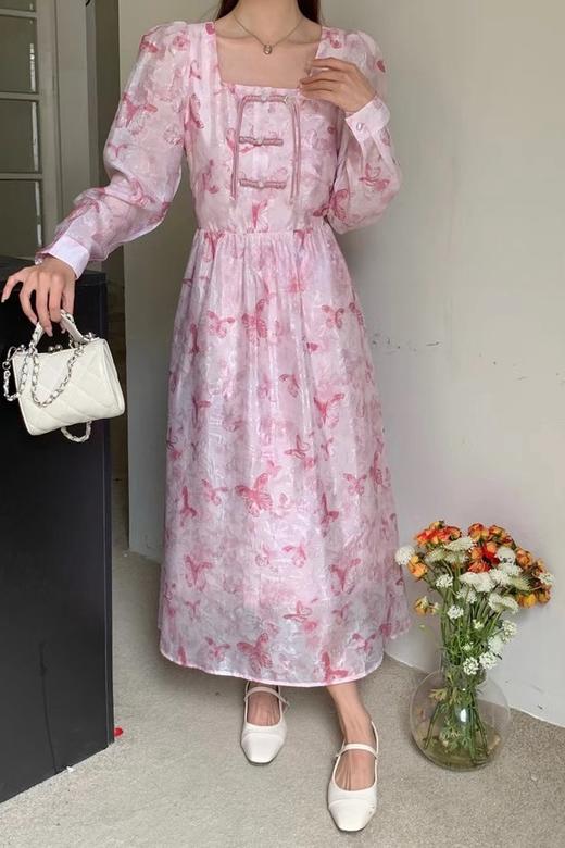 ANSUABEL 粉色印花方领盘扣长款连衣裙 20037 商品图1
