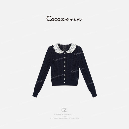 COCO ZONE 刘一一 法式镂空绞花拼接蕾丝翻领针织开衫CD1A0441 商品图0
