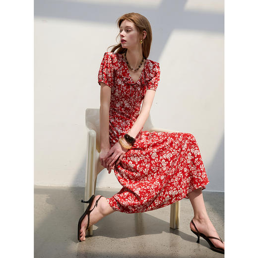 【仙女裙】三彩2025夏季新款荷叶边碎花裙法式收腰A字裙长裙系带优雅S 商品图2