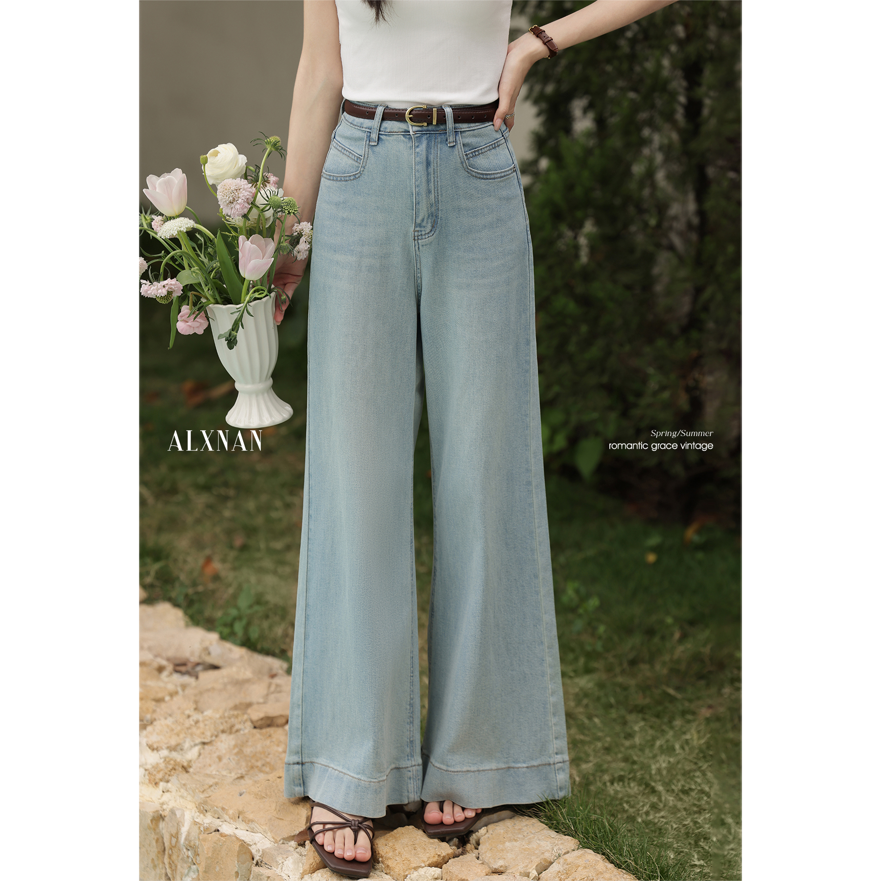 鹿向南「时髦攻略」蓝色复古高腰宽松阔腿牛仔裤女夏直筒加长裤子