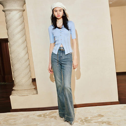 雾霾蓝优雅百搭套头针织修身显瘦上衣女(货号:MC85SW049B0001) 商品图3