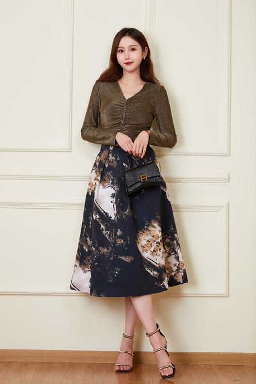 ELLA JADE 高端优雅V领弹力印花半裙套装 20036 商品图1