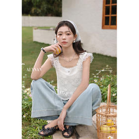 鹿向南「云水谣」米白色法式气质修身蕾丝假两件女背心2025夏新款