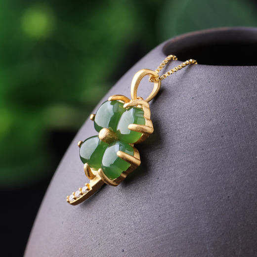 925纯银镀金轻奢带证书和田碧玉四叶草项链JX-sp5460 商品图2