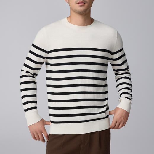 墨麦客男装简约圆领羊毛衫男2024冬季新款撞色条纹男士毛衣20819 商品图1