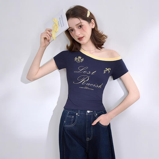 【美式复古辣妹】设计感斜肩短袖T恤女春夏印花上衣V0750280 商品图2
