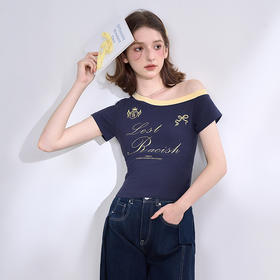 【美式复古辣妹】设计感斜肩短袖T恤女春夏印花上衣V0750280