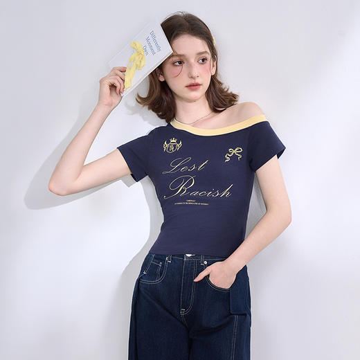 【美式复古辣妹】设计感斜肩短袖T恤女春夏印花上衣V0750280 商品图0