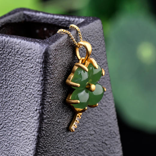 925纯银镀金轻奢带证书和田碧玉四叶草项链JX-sp5460 商品图1