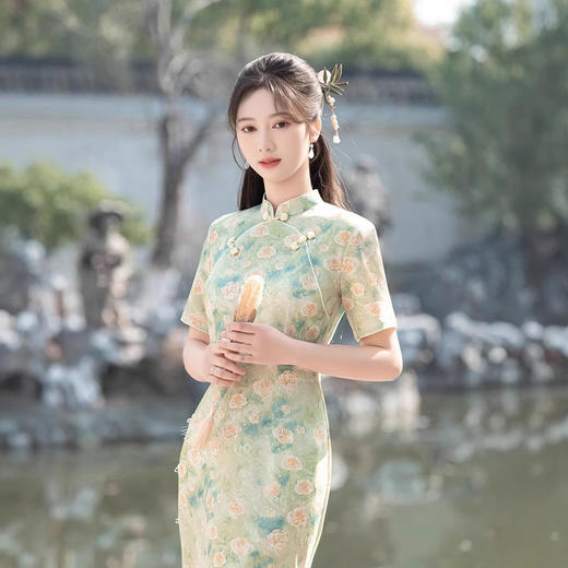 改良复古，日常绿色旗袍GSJ9317 商品图3