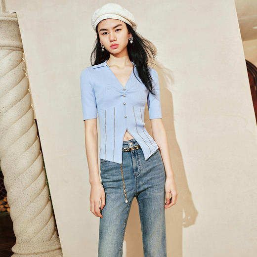 雾霾蓝优雅百搭套头针织修身显瘦上衣女(货号:MC85SW049B0001) 商品图1