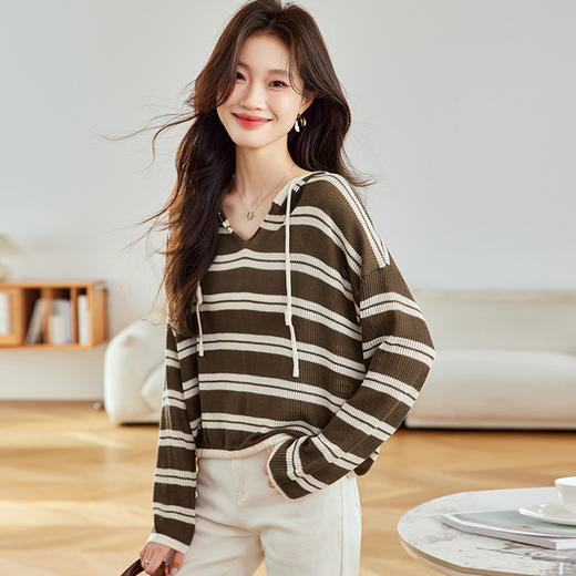 CC-22-2540慵懒风条纹连帽薄款针织衫卫衣女春秋2025新款好看宽松短款上衣 商品图3