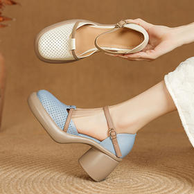 【预售5天】夏季中空包头凉鞋女复古真皮镂空洞洞单鞋拼色软皮厚底罗马女鞋MLD&A253