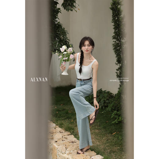 鹿向南「时髦攻略」蓝色复古高腰宽松阔腿牛仔裤女夏直筒加长裤子 商品图3