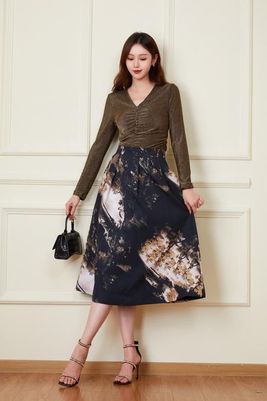 ELLA JADE 高端优雅V领弹力印花半裙套装 20036 商品图0